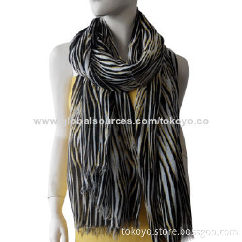 Polyester scarf with stripe screen printing, for spring, size of 180*70+1.5cm self fringe